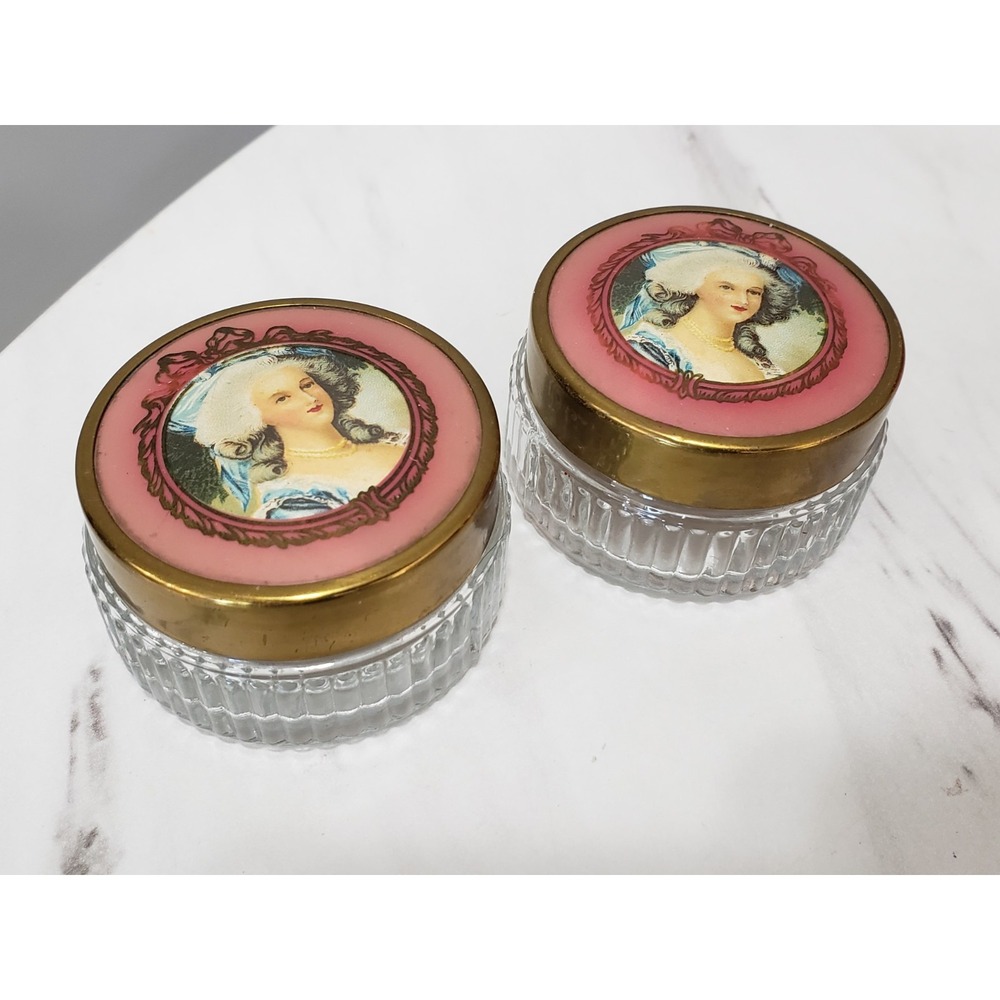 Lot‎ 2 Vintage Vanity Make Up Glass Powder Jar Victorian Painted Lady Metal Lid